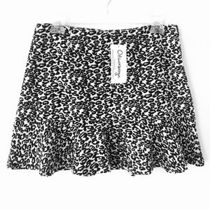 Olsenboye Black &  White Leopard Print Mini A-Line Skirt Flounce Hem Zipper